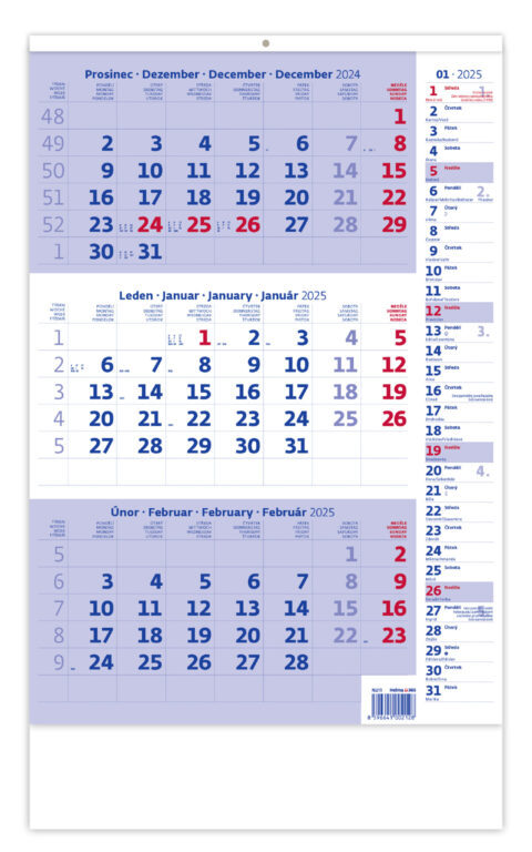 Tříměsíční kalendář modrý s poznámkami 2025 - nástěnný kalendář