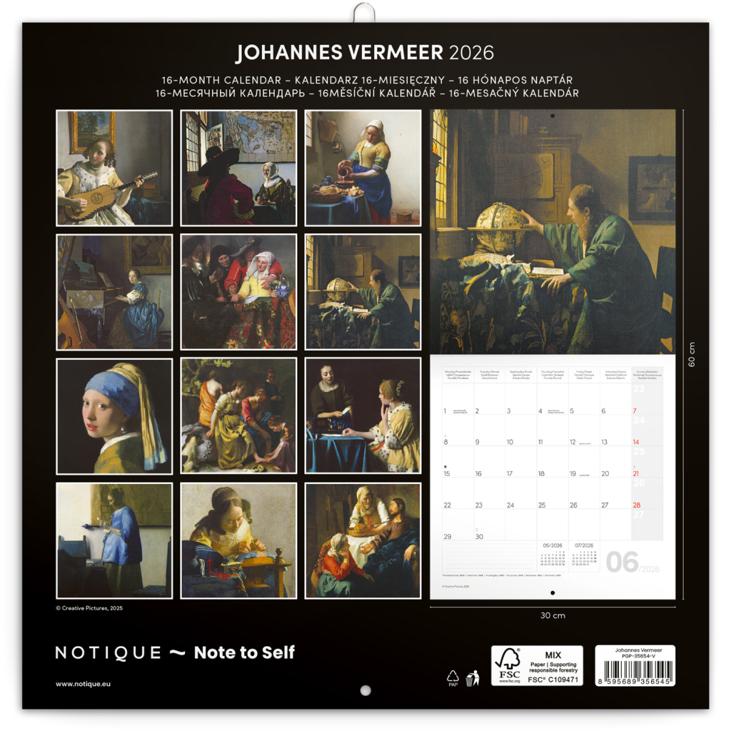 Poznámkový kalendář Johannes Vermeer 2026 - nástěnný kalendář