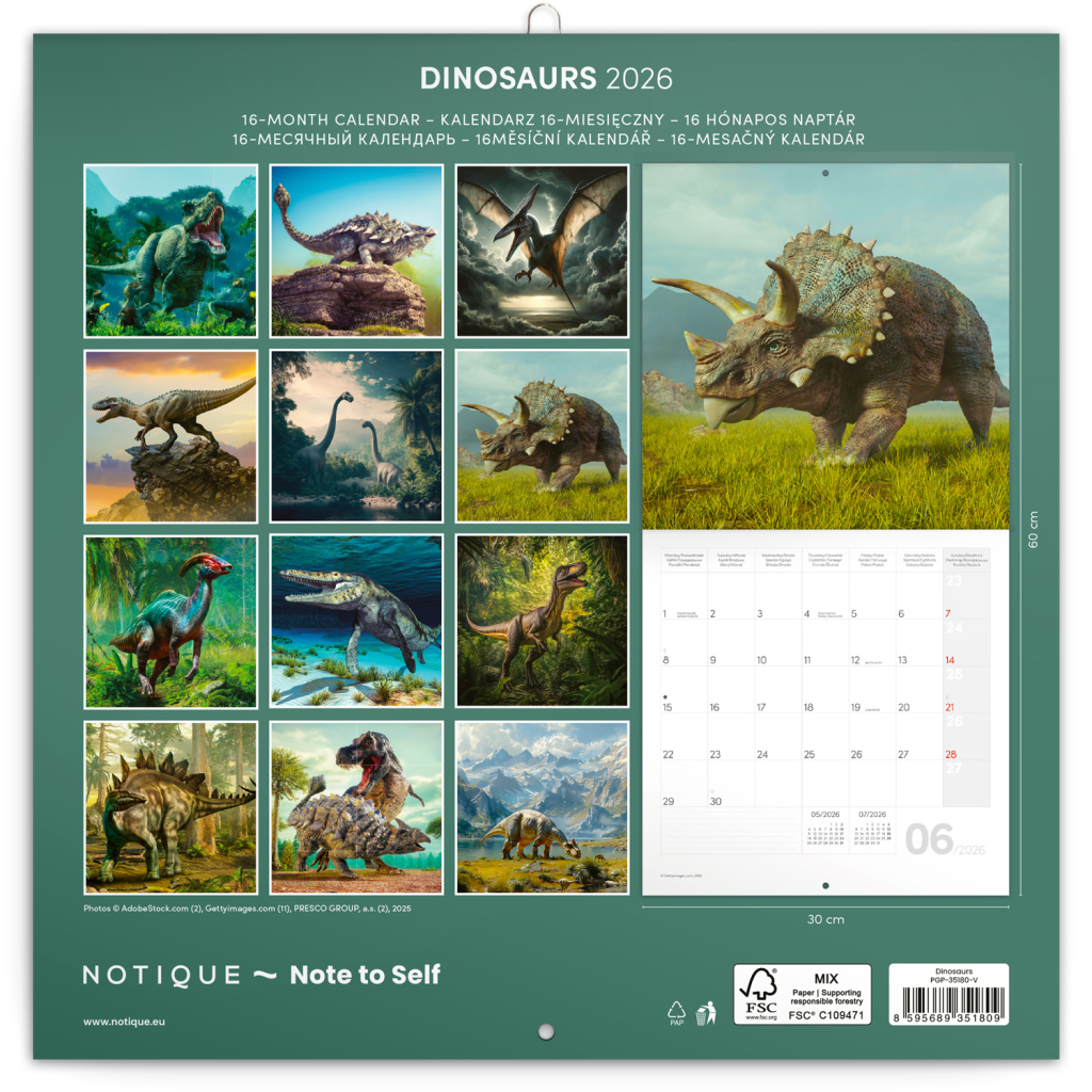 Poznámkový kalendář Dinosauři 2026 - nástěnný kalendář