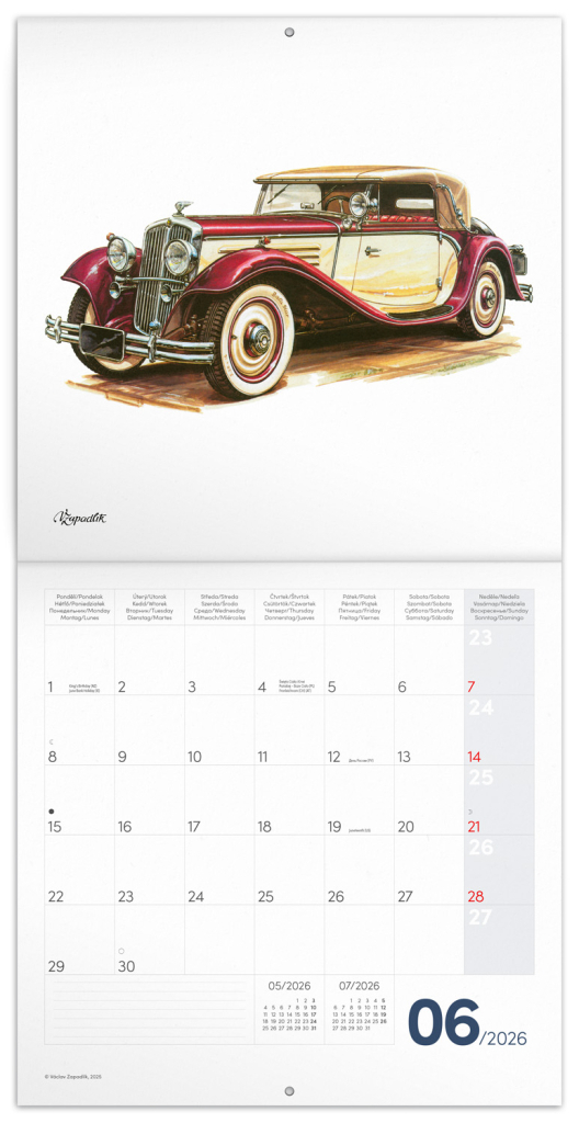 Poznámkový kalendář Classic Cars 2026 - nástěnný kalendář