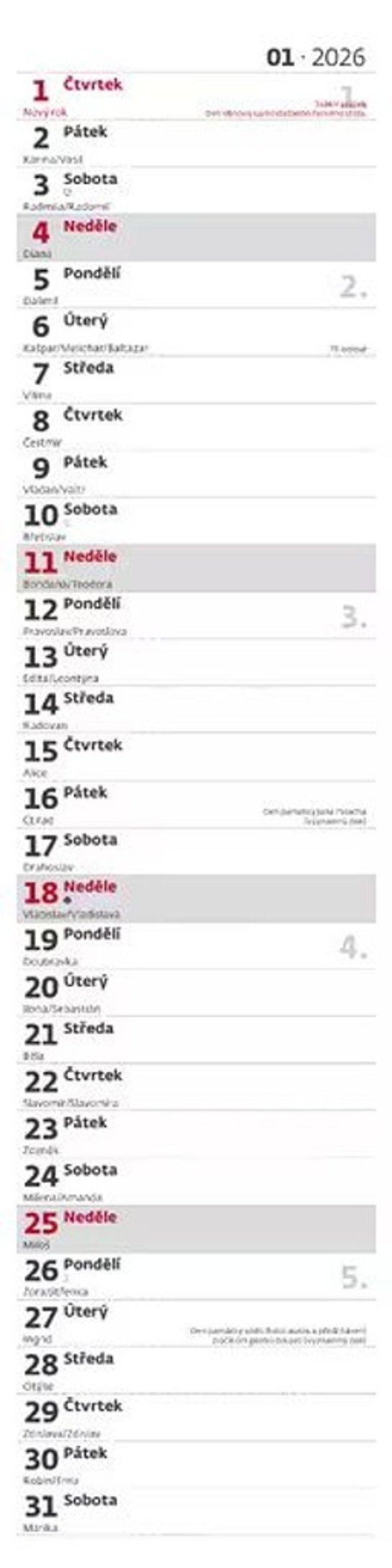 Poznámková vázanka 2026 - nástěnný kalendář