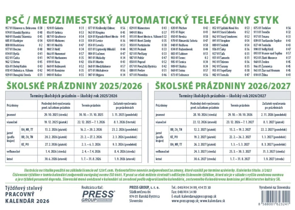 Pracovný kalendár 2026 - stolový kalendár