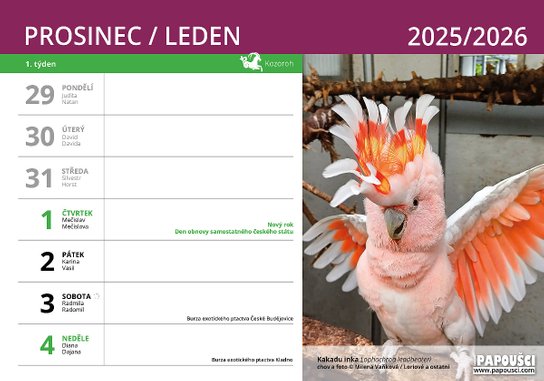 Papoušci týdenní kalendář 2026