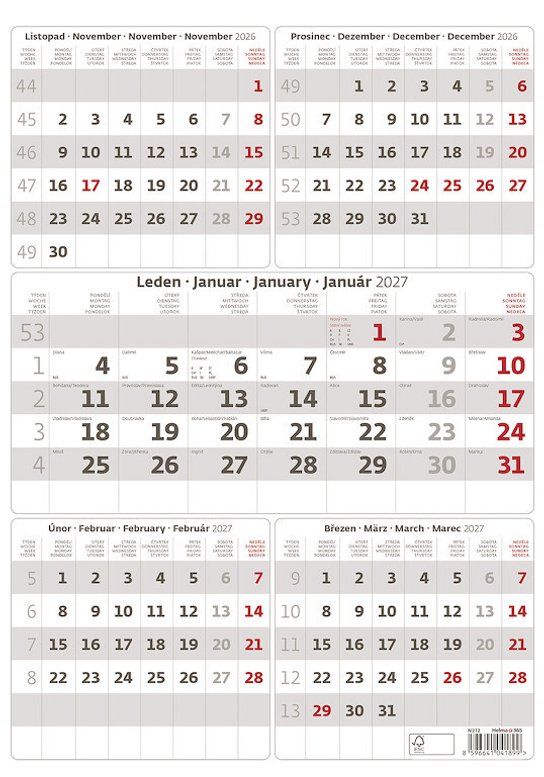 Pětiměsíční kalendář šedý 2027 - nástěnný kalendář