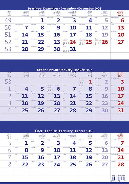 Tříměsíční kalendář modrý 2027 - nástěnný kalendář