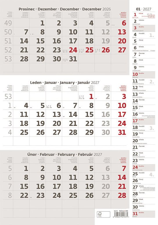 Tříměsíční kalendář šedý s poznámkami 2027 - nástěnný kalendář