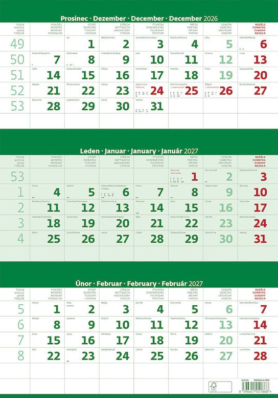 Tříměsíční kalendář zelený 2027 - nástěnný kalendář