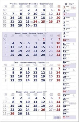 Čtyřměsíční kalendář modrý s poznámkami 2027 - nástěnný kalendář