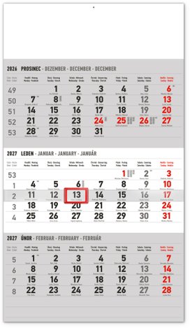 3měsíční standard šedý kalendář 2027 - nástěnný kalendář